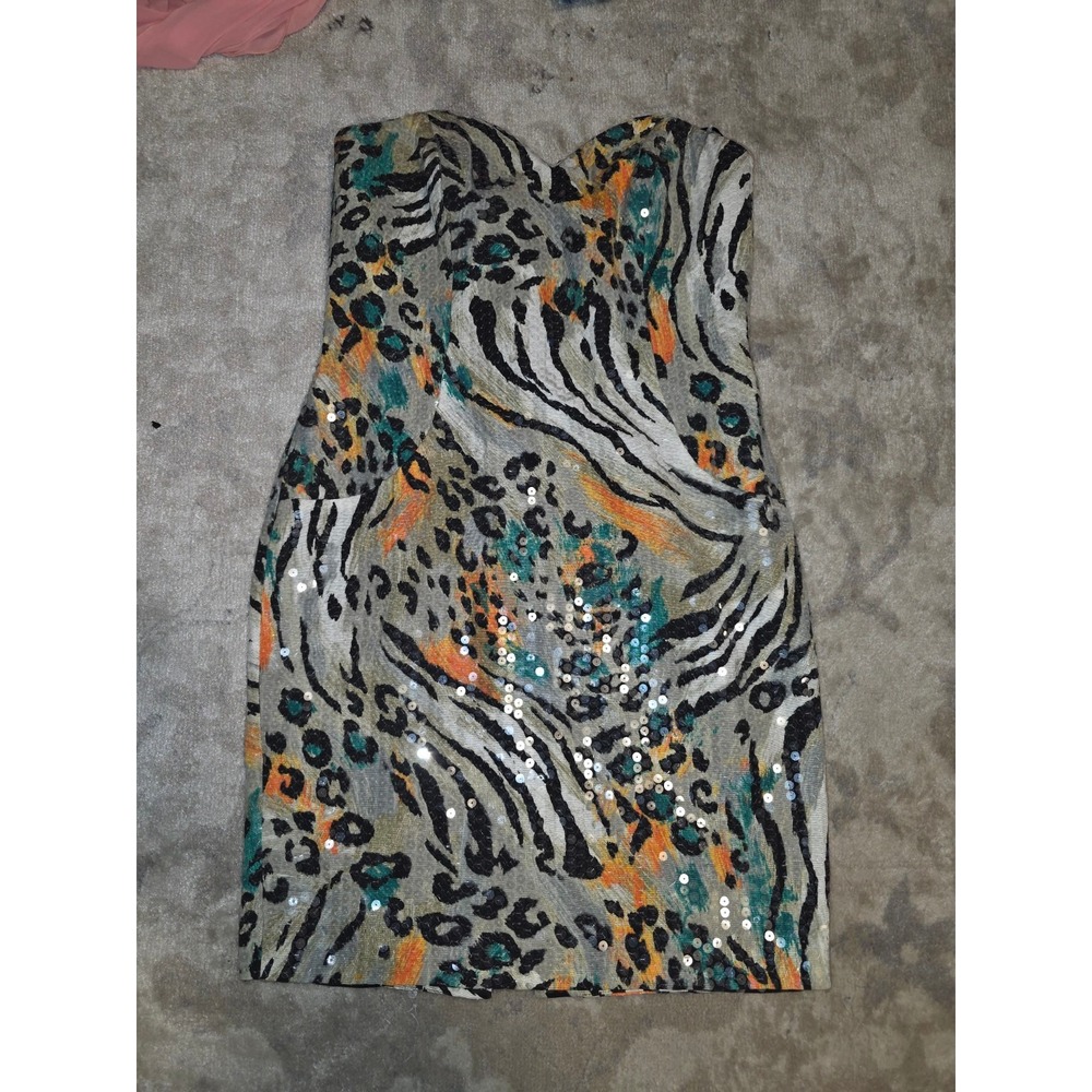 A.J. Bari Petites Womens 14P Animal Print Sequin Strapless Cocktail Dress